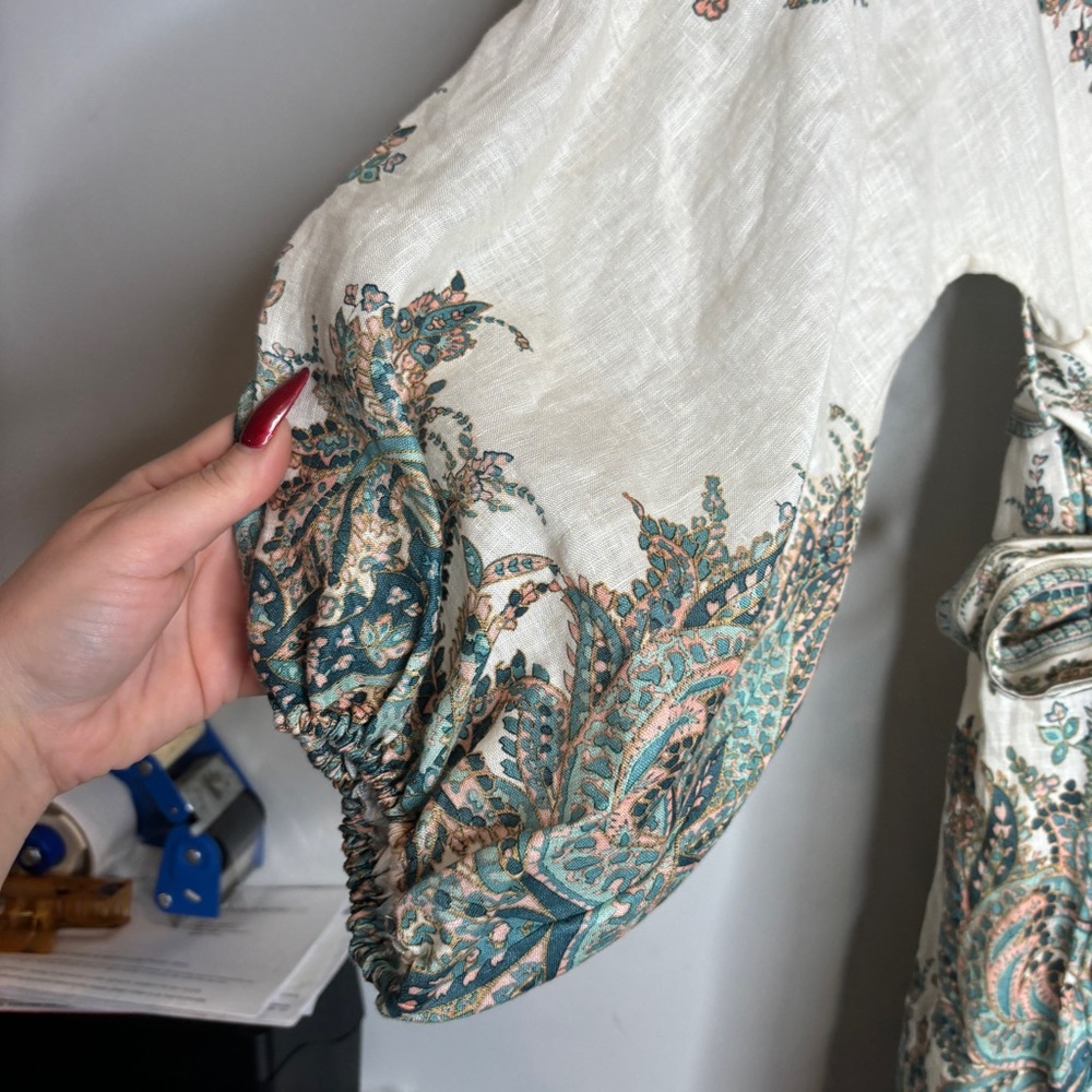 Zimmermann White Mini Dress with Teal and Beige Paisley Embroidery - Picture 11 of 16